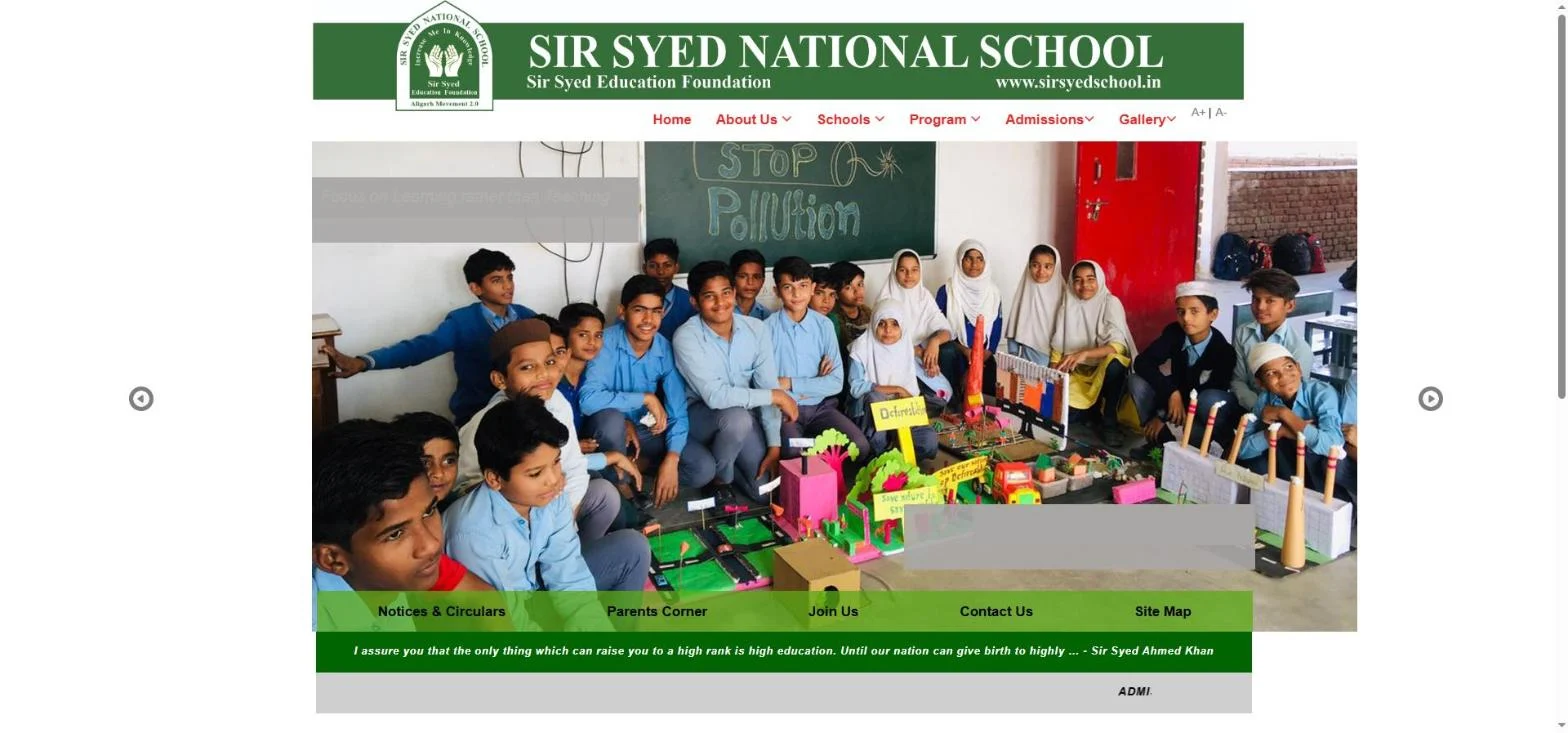 Sir Syed National School homepage designed by VNForge Labs